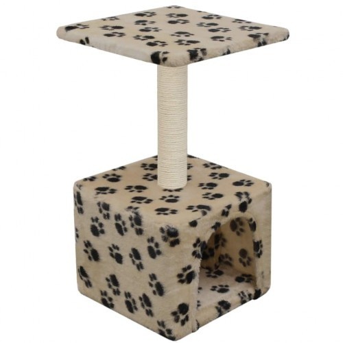 Arranhador bege para gatos com pegadas de patas.