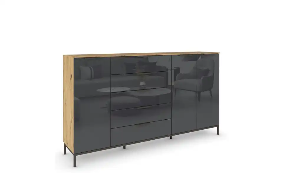 Highboard Basaltgrau, Eiche Artisan (Nachbildung) Basaltgrau, Eiche Artisan (Nachbildung) Front: Glas, Oberboden: Dekor Graphit