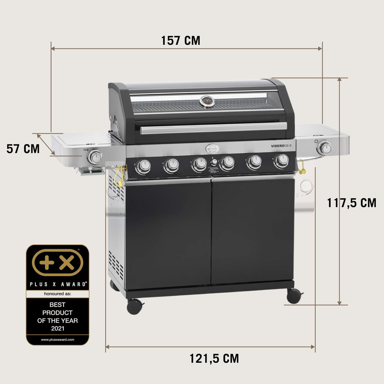 RÖSLE Gasgrill BBQ-Station VIDERO G6-S Schwarz, Grill mit 6 Edelstahlbrennern, extra Primezone und Seitenbrenner, klappbare Seitentische, VARIO+, pulverbeschichteter Stahl