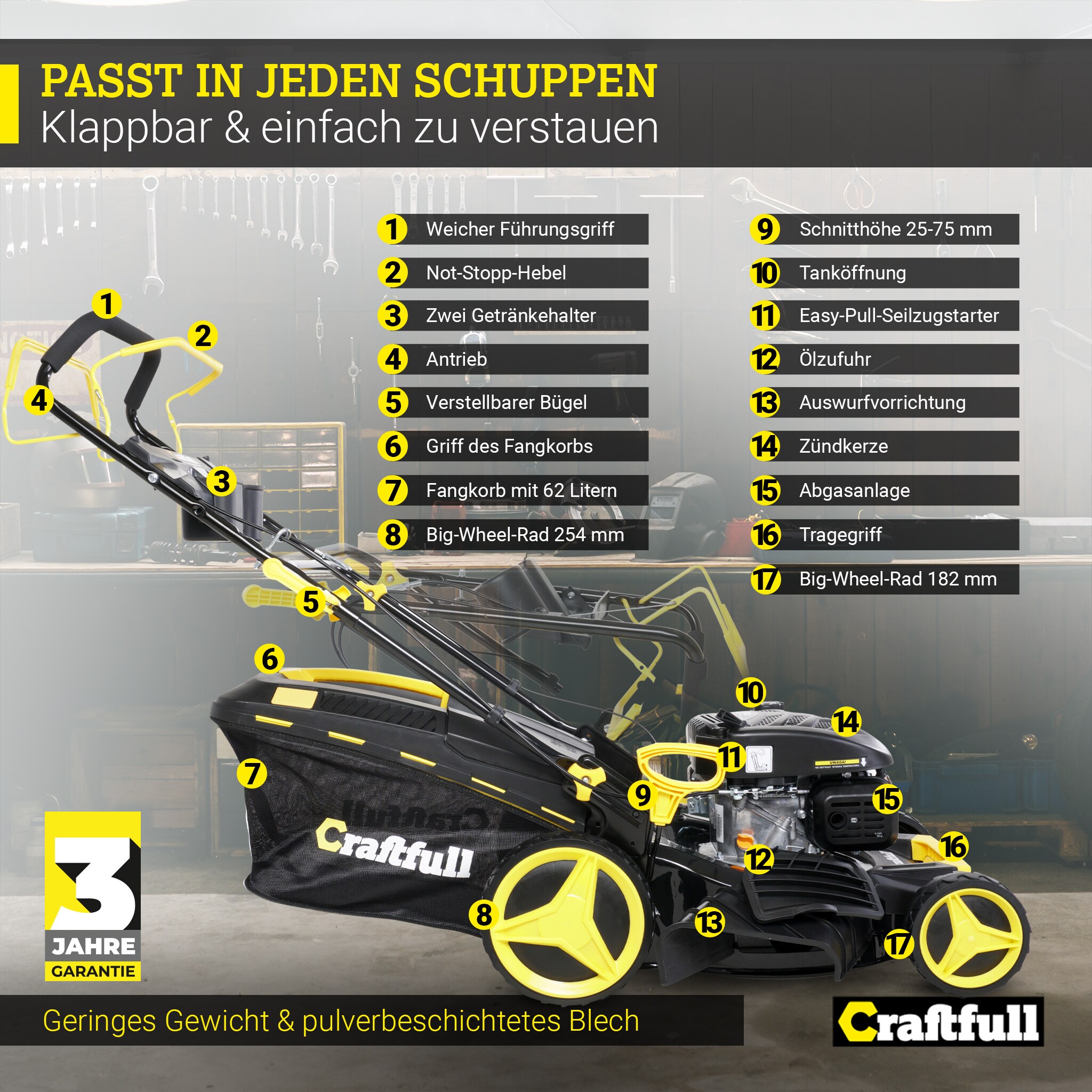 Craftfull Premium Benzin-Rasenmäher CR-139-20, 5in1, GT-Leichtlaufgetriebe, 139-cc-Motor, Easy-Clean
