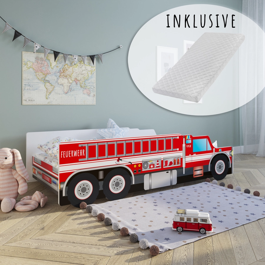 Kids Collective Autobett 80x160 cm Feuerwehr Spielbett Kinderbett mit Rausfallschutz und Lattenrost rot mit Matratze