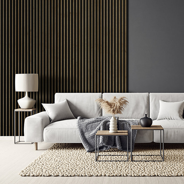 Lambris lamelles Linea Slim Black MDF noir et chêne 15 x 265 cm, ép. 30mm