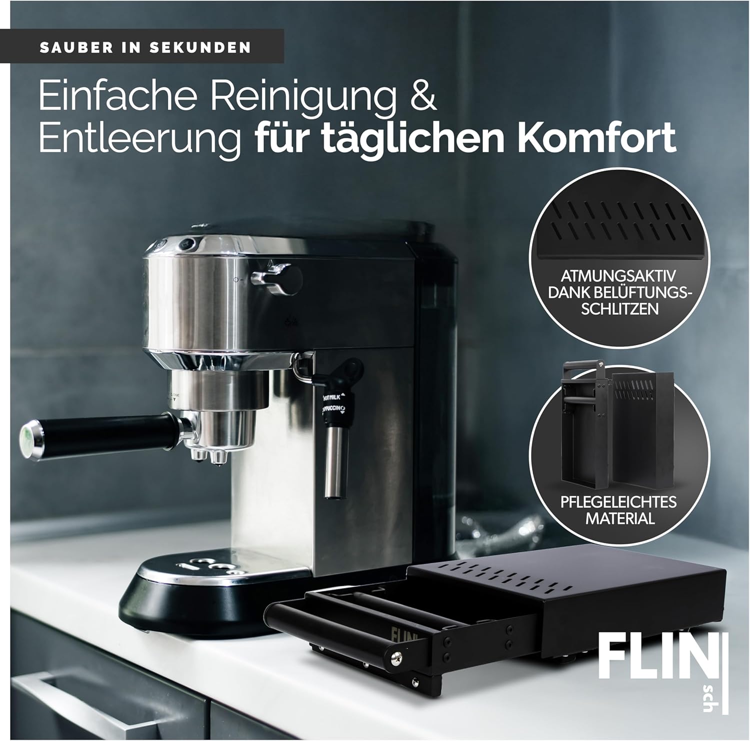 Flinsch Kaffee Abklopfbehälter - Sudschublade für Espresso Siebträgermaschinen in matt schwarz aus hochwertigem Stahl - massive Gleitleiste & herausnehmbare Abklopfstange - 36,9 x 20,3 x 6,5 cm