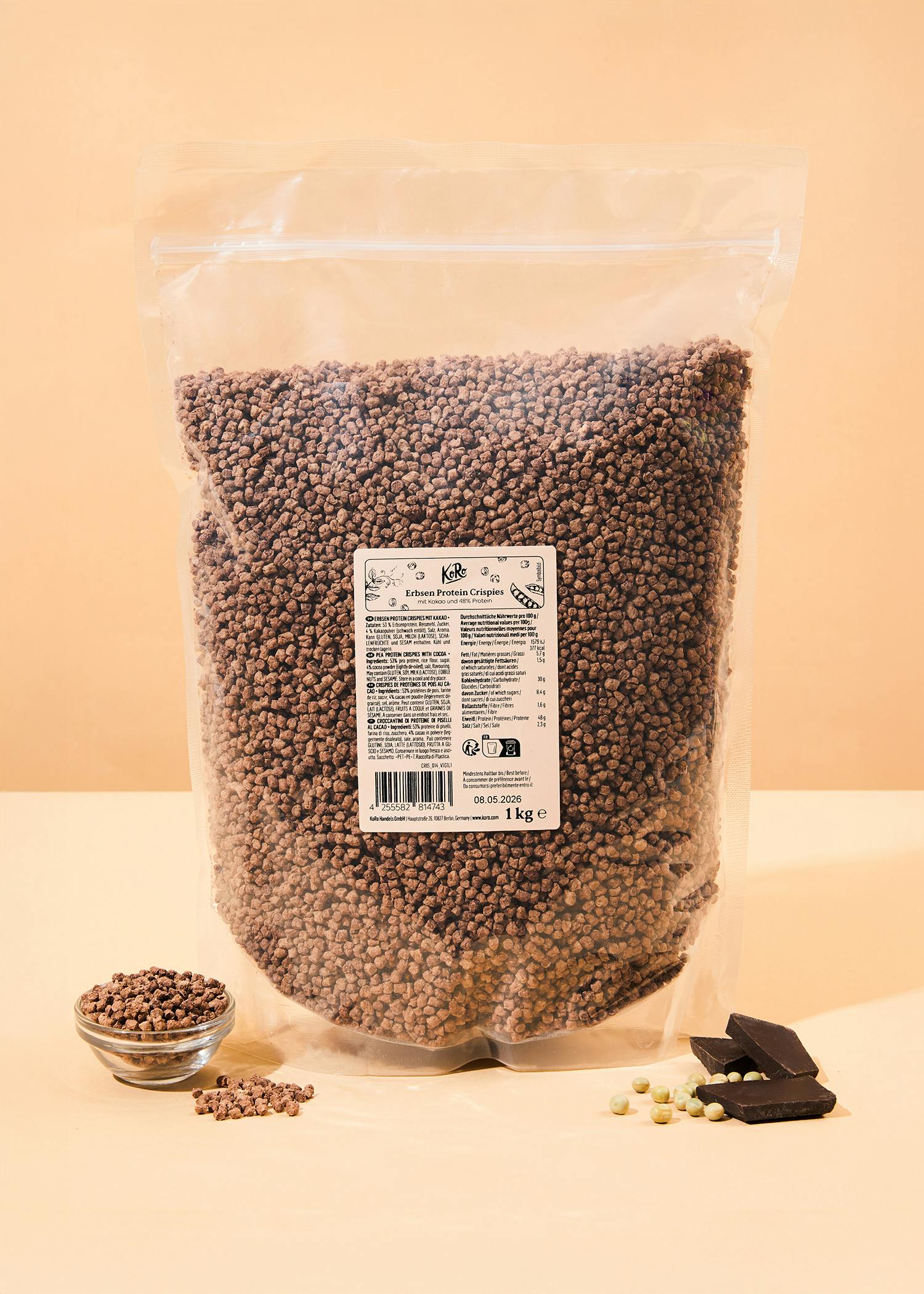 Erbsen Protein Crispies mit Kakao und 48 % Protein 1 kg