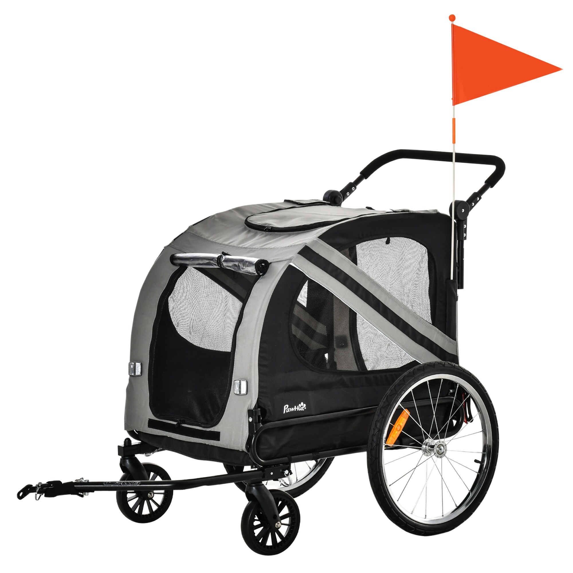 PawHut 2-in-1 Hundewagen und Anhänger mit Luftpumpe und roter Fahne grau 140L x 72,5B x 108H cm