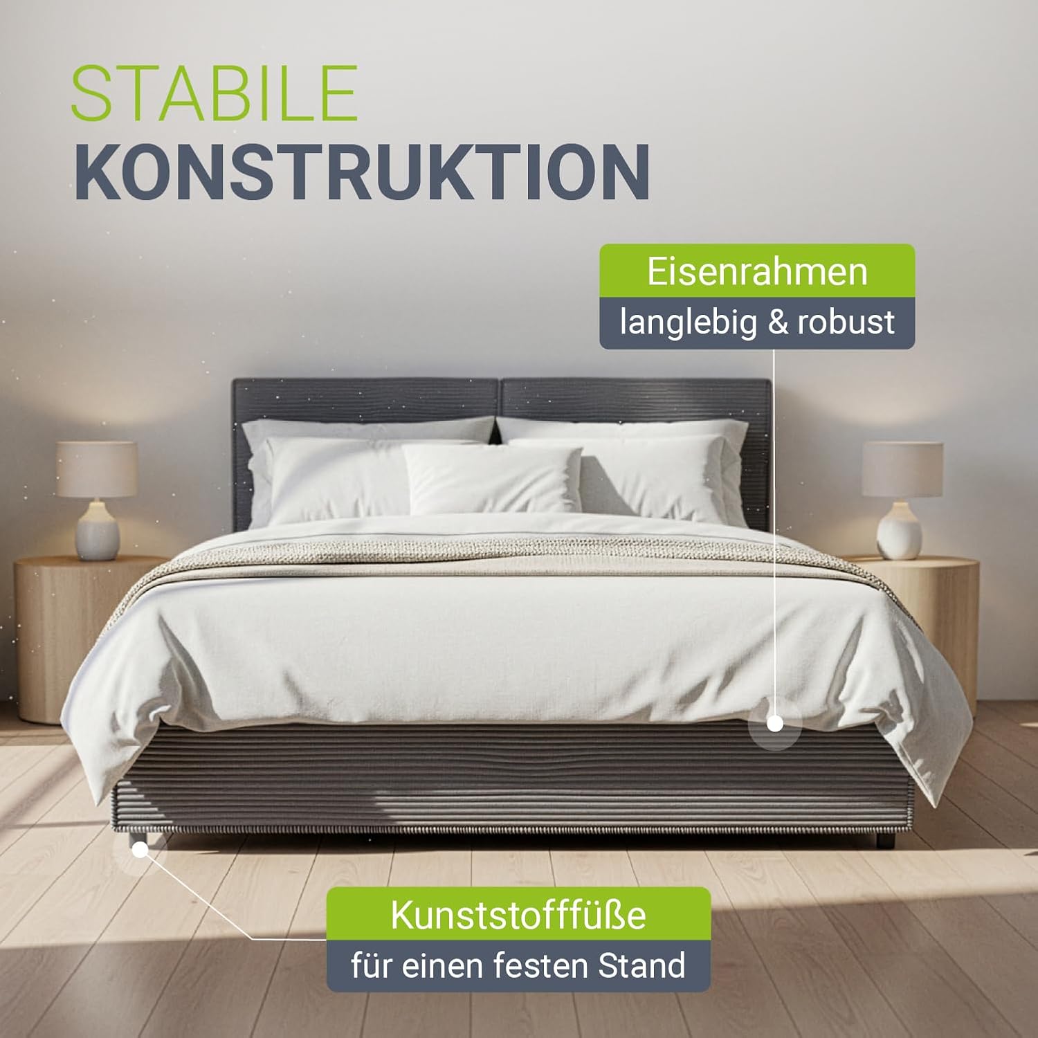 Juskys Polsterbett Salerno 140 x 200 cm – Cord Grau, modernes Bett mit Kopf- & Fußteil, stabilem Holz- & Metallrahmen, Lattenrost, 500 kg Tragkraft