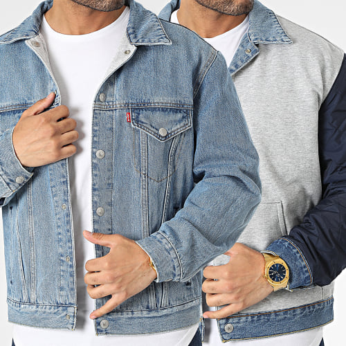 Veste Jean Vintage Reversible Varsity A4223 Bleu Denim Gris Chiné Bleu Marine
