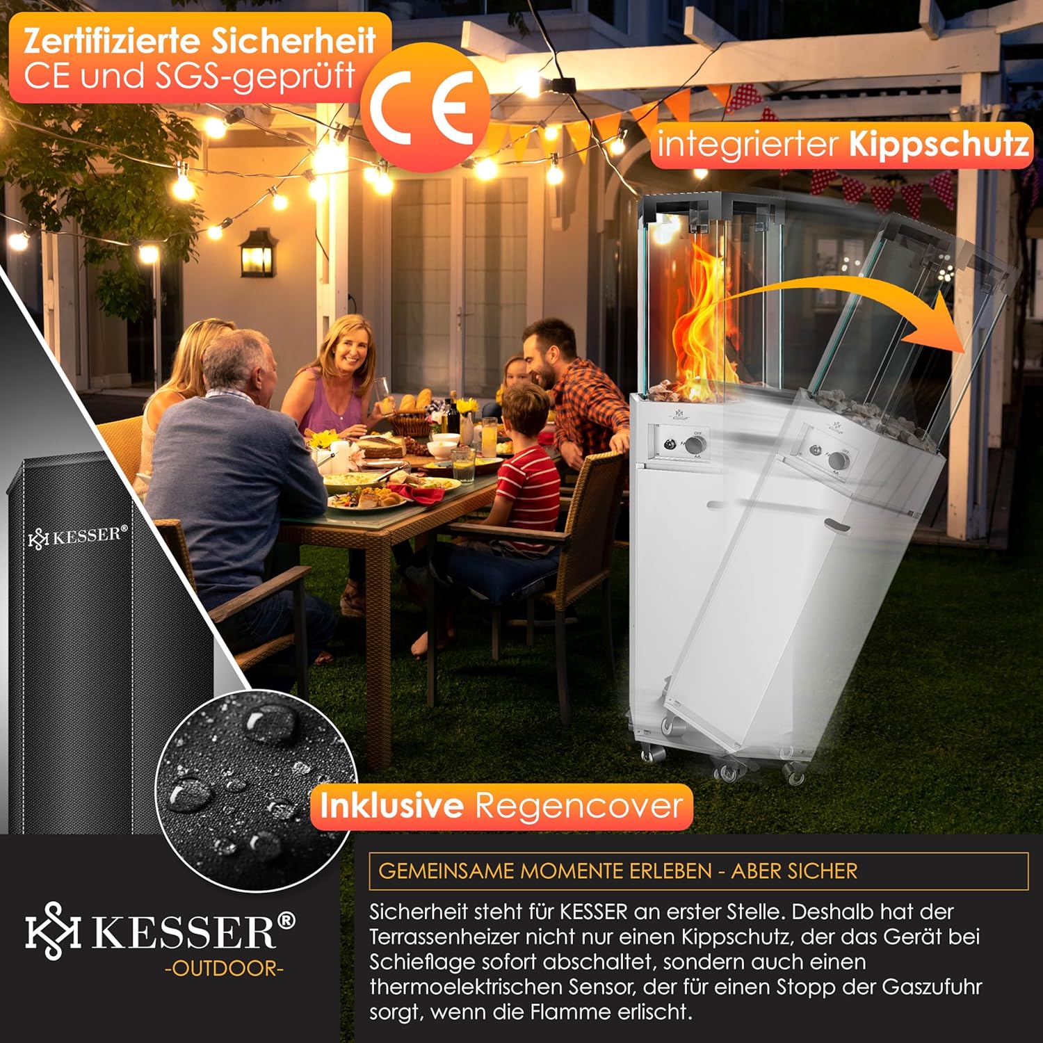 KESSER® Gasheizstrahler 4/8 kW Gas Piezozündung Heizung + Gasdruckregler + Cover, 360° Rollen Kippschutz, Terrassenheizstrahler Gasheizung Gasheizer Outdoor Kamin Mobiler Heizpilz, Heizer, Weiß