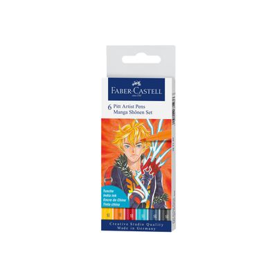 Faber-Castell Pitt Artist Pen Manga Shônen - 6 Feutres pinceaux à pointe souple à l'encre de Chine - couleurs assorties