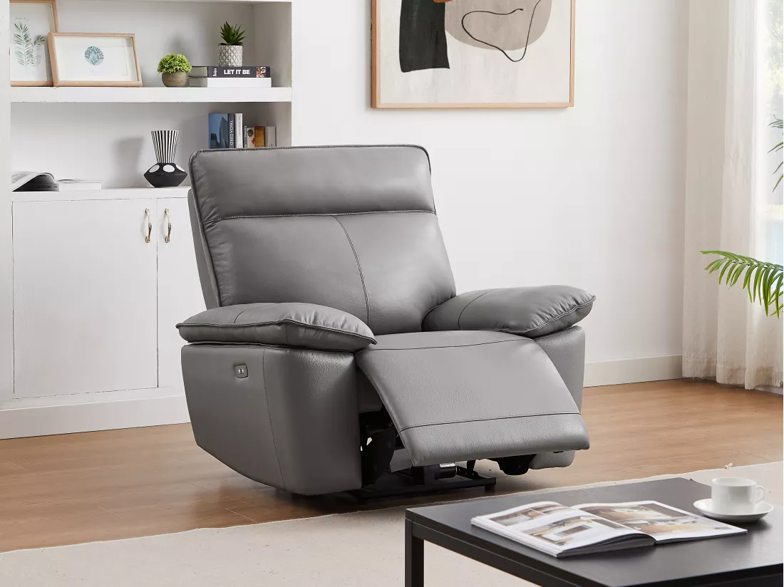 Fauteuil relax électrique en cuir de vachette gris NOVENA
