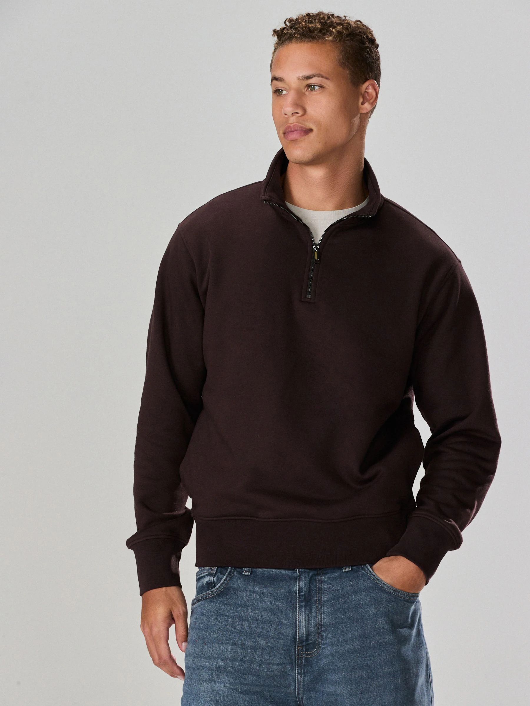 Chocoladebruin - Kwartrits - Sweatshirt van jersey met hoog katoengehalte