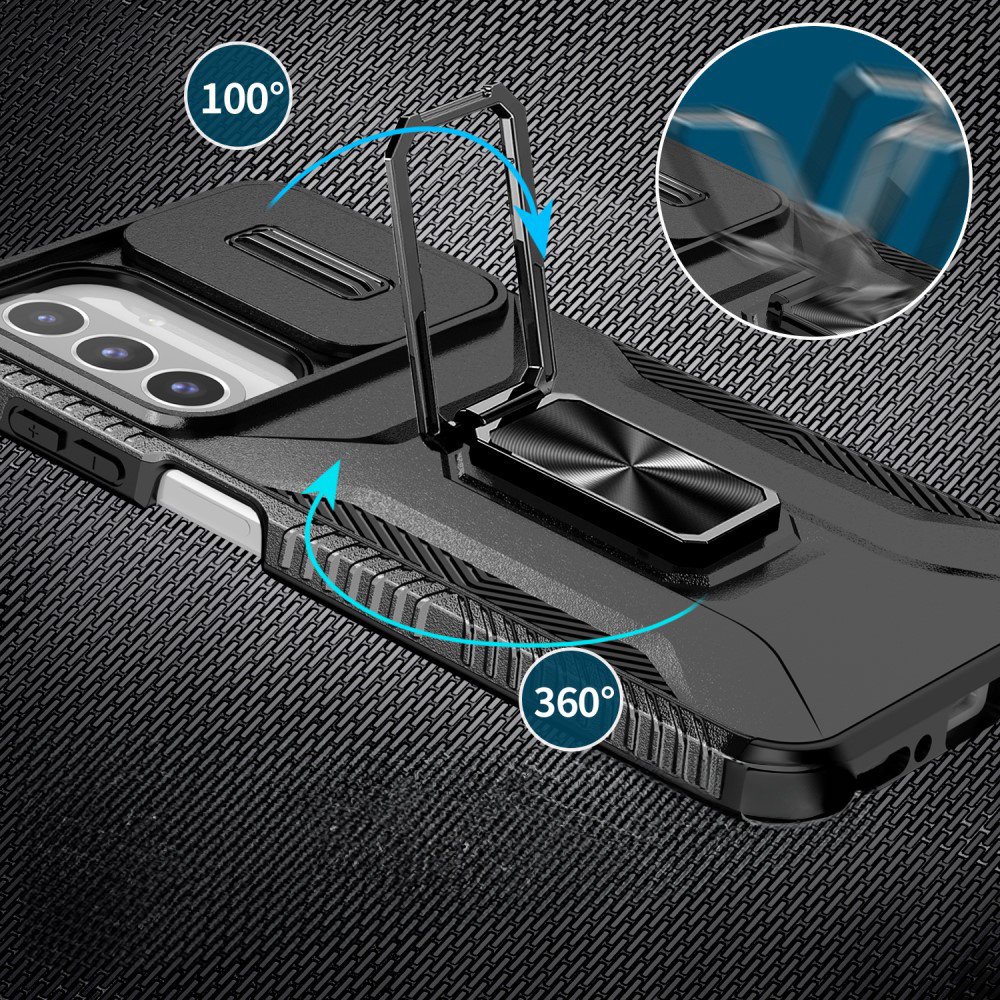 Samsung Galaxy A26 / A17 Hybrid Outdoor Hardcase Hülle mit Cam-Slider   Magnetischer Kickstand - Schwarz