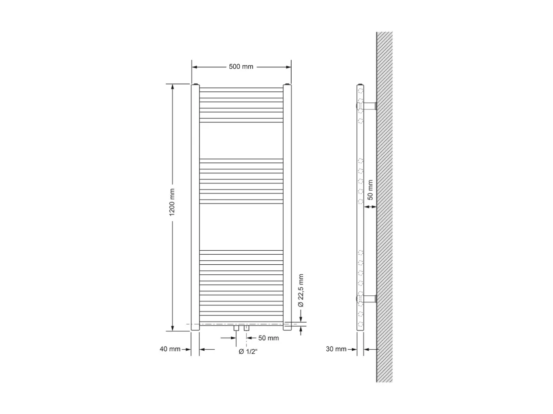 Radiateur Design Sahara Non Électrique, 500 x 1200 mm, Blanc, Connexion Central