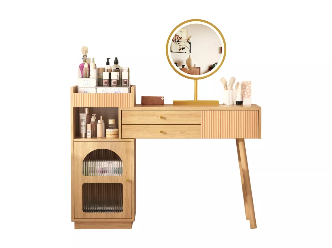 Coiffeuse avec miroir à LEDs avec 3 tiroirs et armoire latérale - Panneaux de particules - Naturel