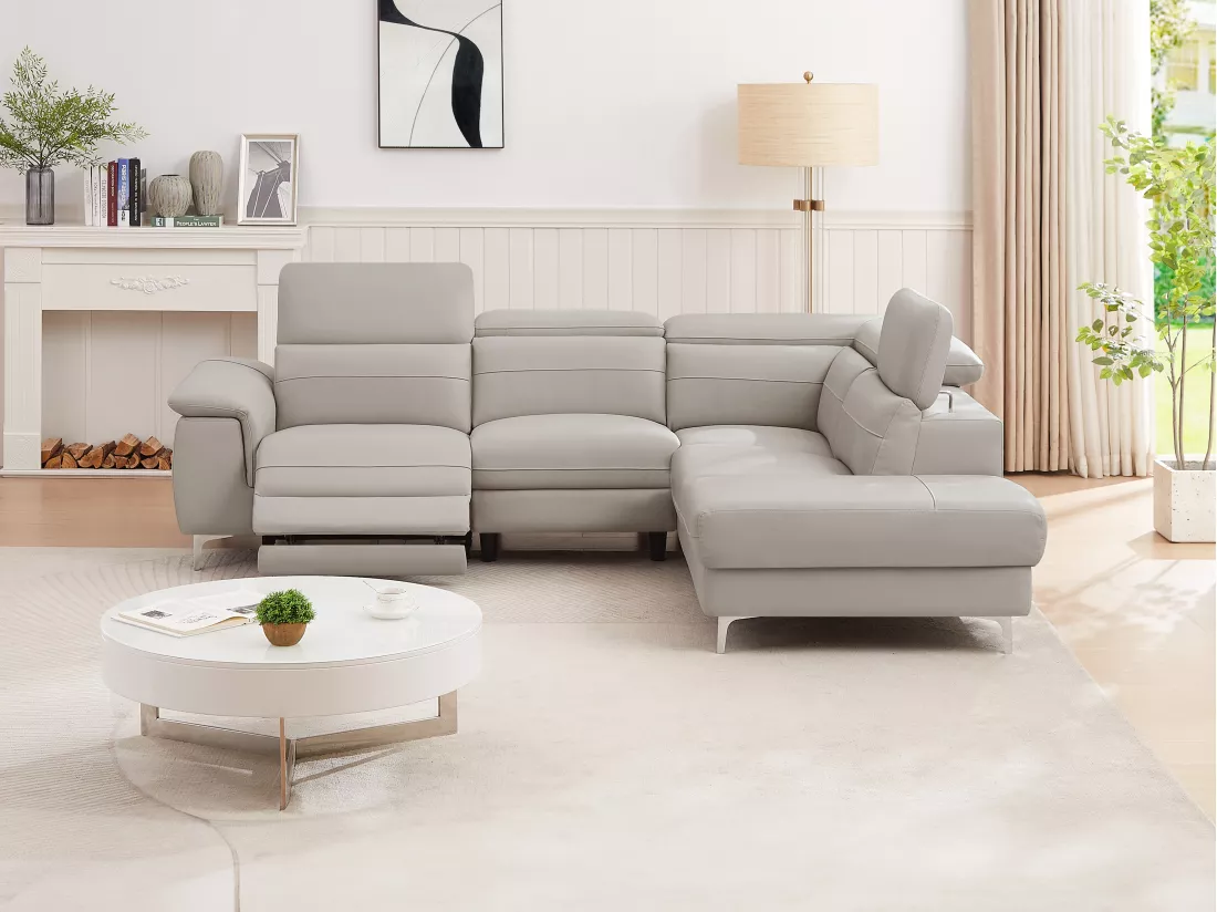 Canapé d'angle droit relax électrique en cuir gris clair FUSINO