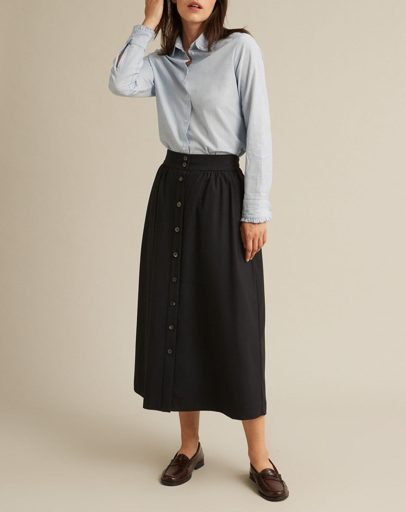 Cyrillus Jupe en Flanelle Laine mélangée boutonnée bleu foncé