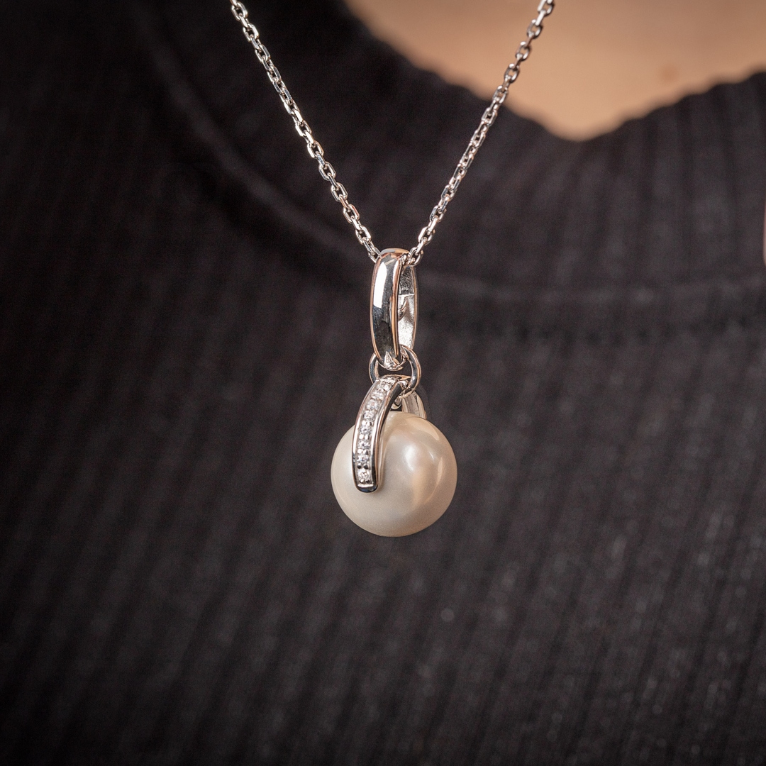 Collier mit Anhänger 925 Silber rhodiniert mit Kunstperle 10mm und Zirkonia