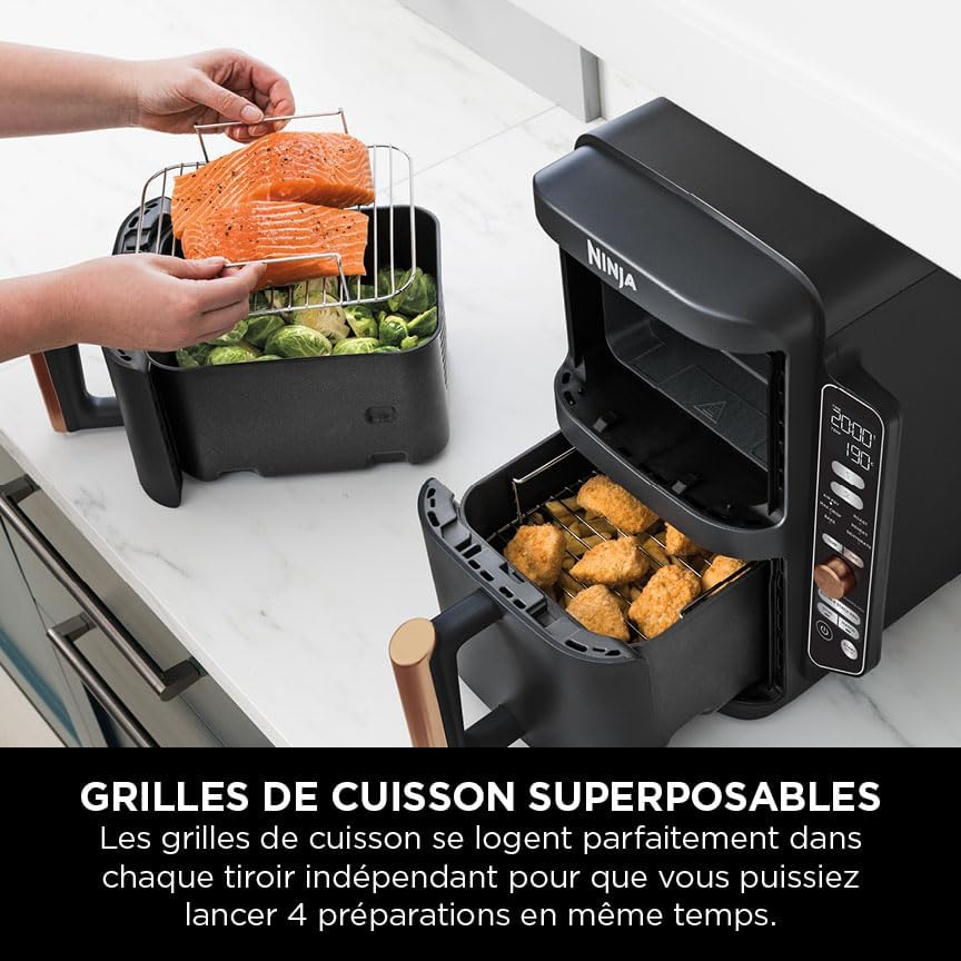 NINJA Double Stack XL Air Fryer, Friteuse sans huile Verticale Double Tiroir 4 Niveaux de Cuisson, 2 Tiroirs, 2 Grilles, Capacité de 9,5 L, 6 Fonctions, 8 Portions, Pinces, Noir/Cuivre SL400EUCP