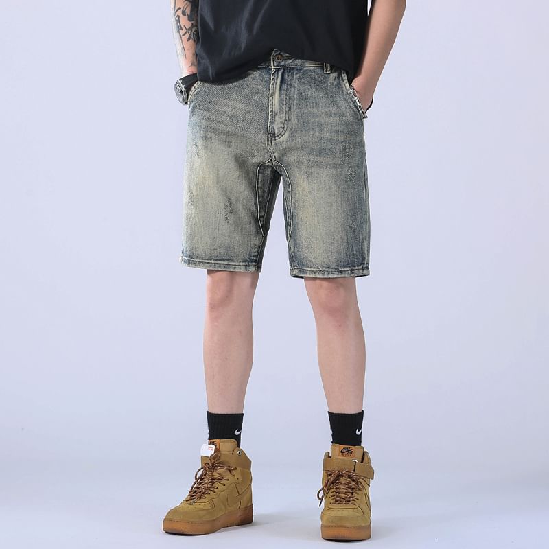 Phoneus - Mid Rise Washed Wide Leg Denim Shorts