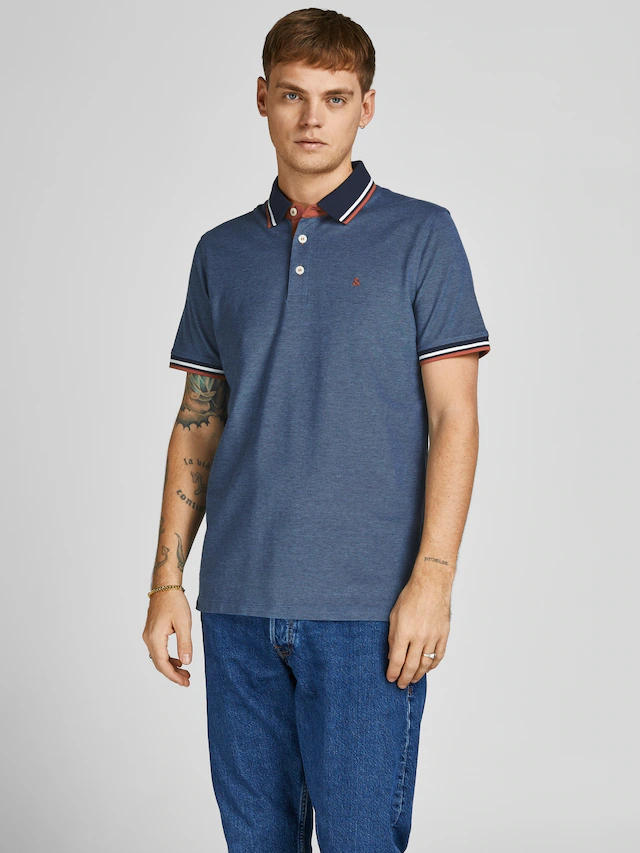 Jack & Jones Poloshirt »JJEPAULOS im Doppelpack mit Logostickerei und Komfort«, 2 Stk. unifarben mit Farbeinsatz, modisch, schmal, Baumwolle, Polokragen