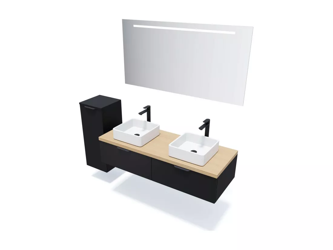 Meuble de salle de bain suspendu 2 vasques à poser 140cm 2 tiroirs Noir - Soho