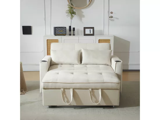 Canapé convertible en Velours - 2 places - avec 2 oreillers, poches d'accoudoir, porte-verres - Dossier inclinable - 137x76.5x83cm