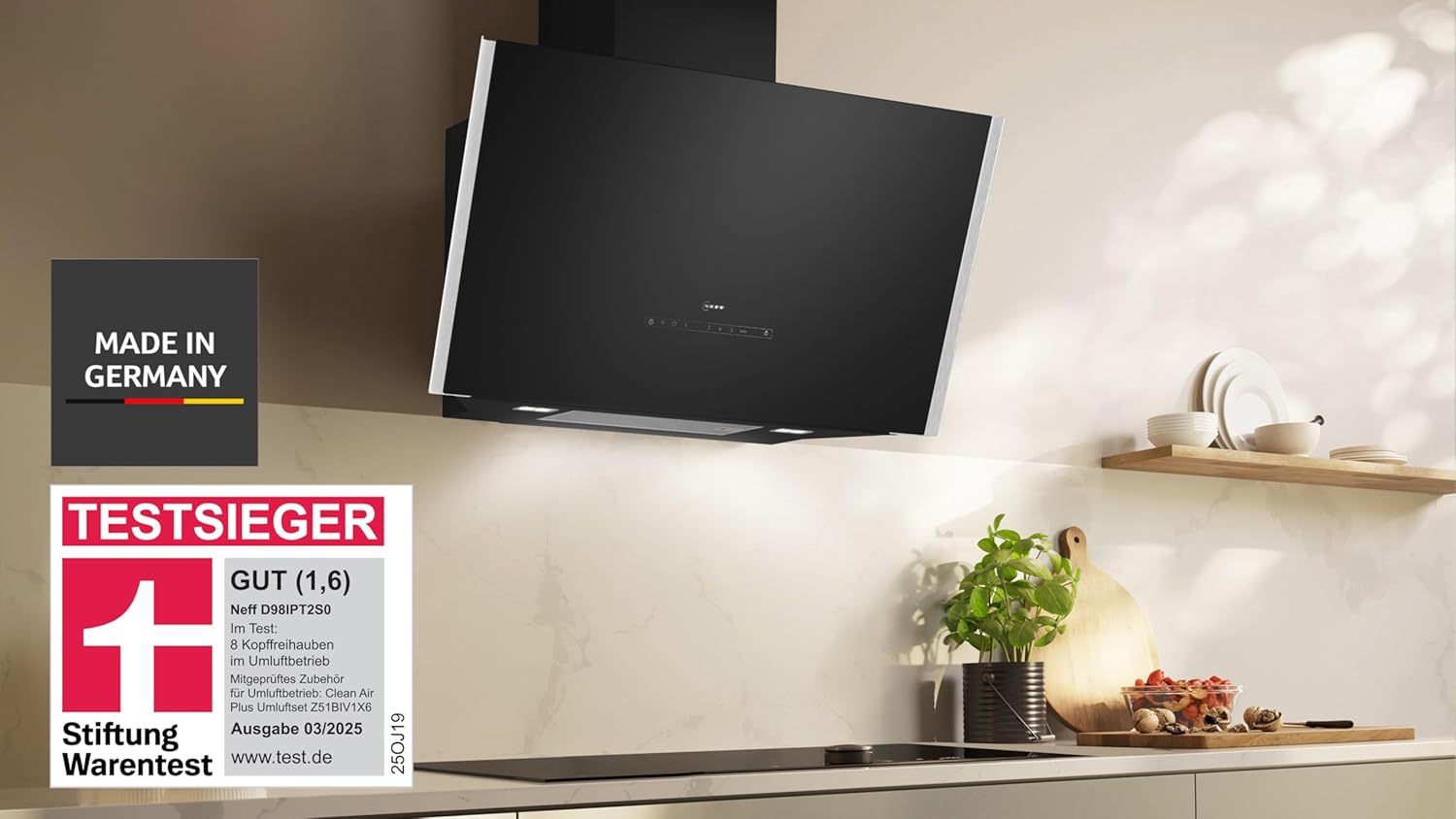 NEFF D98IPT2S0, N 90, Smarte Wandesse, Dunstabzugshaube zur Wandmontage, 90 cm breit, Made in Germany, Efficient Drive, Automatischer Luftsensor, Kochfeldbasierte Haubensteuerung, Touch Control