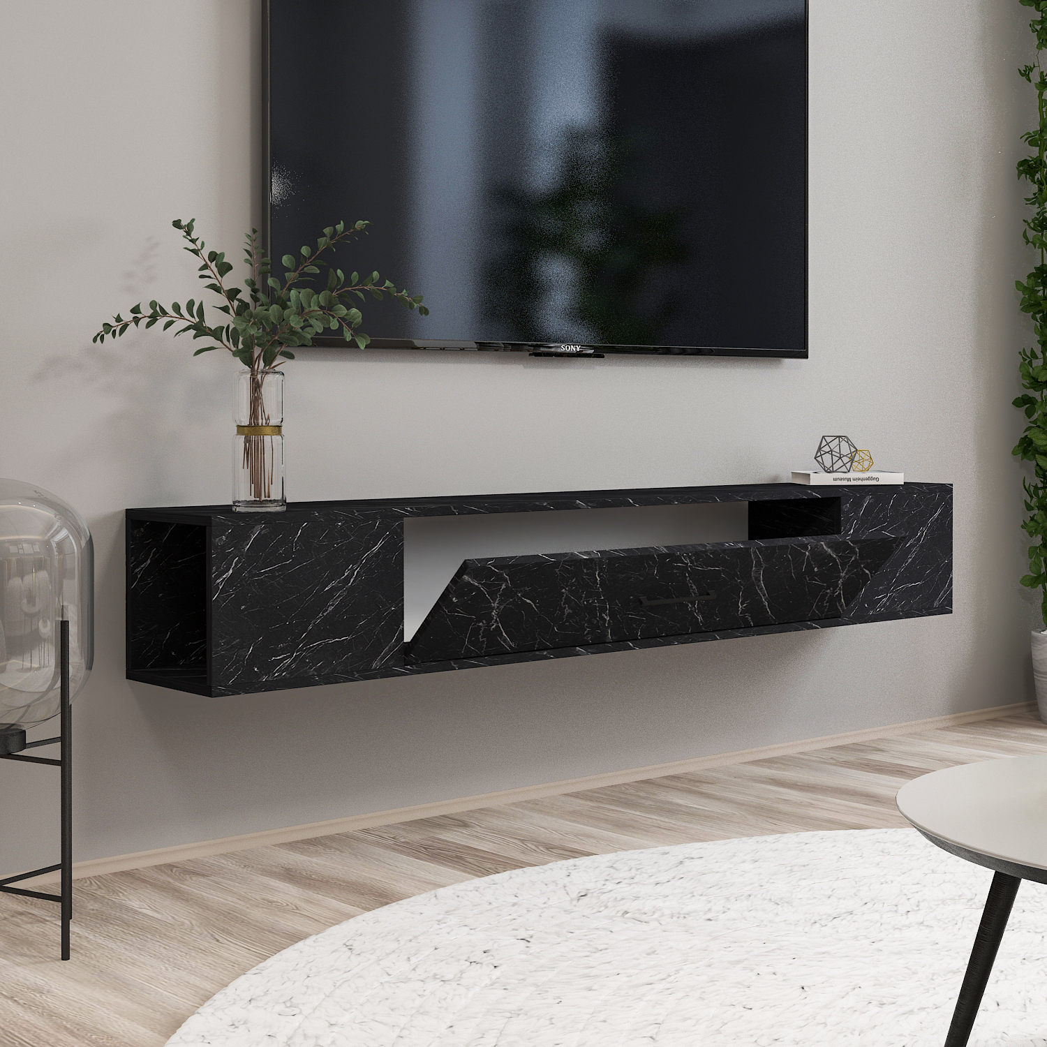 TV Lowboard - schwarz Marmoroptik - hängend - 160 cm