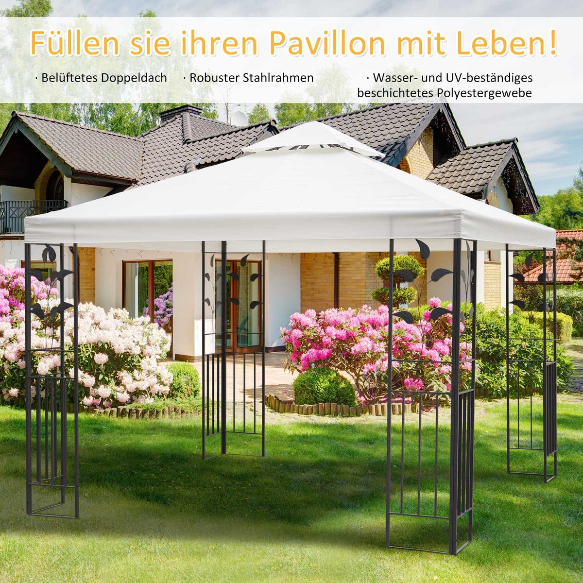 Outsunny tuinpaviljoen met bladmotief, 295L x 295B x 270H cm, polyester, crèmewit