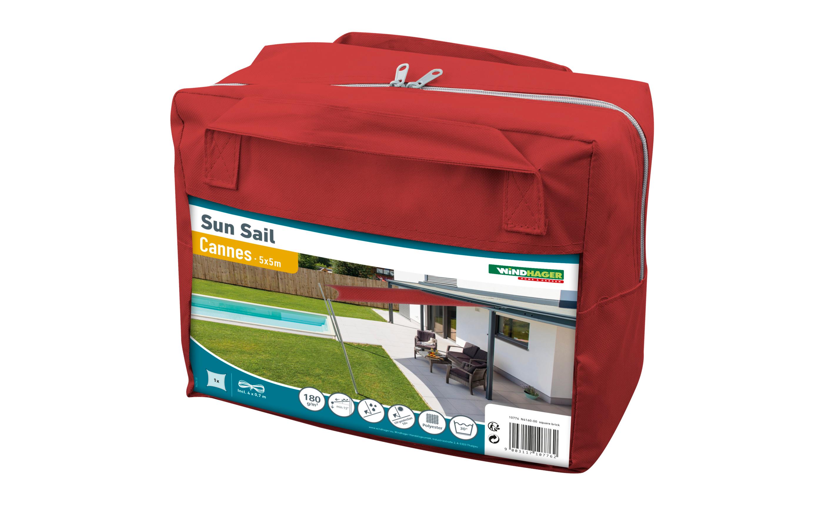 Sonnensegel Cannes, 5 x 5 m, Eckig, Rot<br>Schattentuch für Terrasse oder Balkon