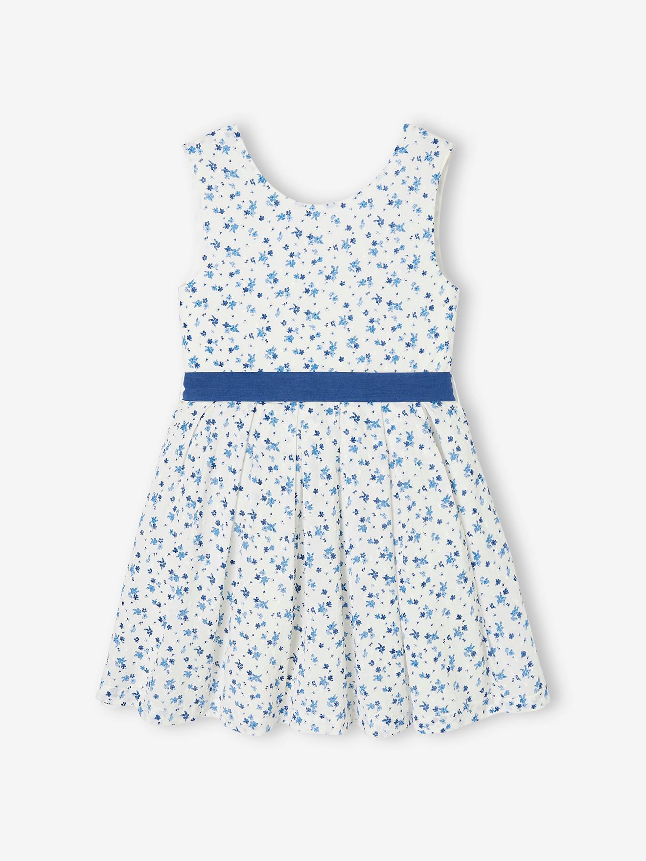 Vestido de festa infantil com flores e plumettis, e cinto com laço nas costas, na cor cru.