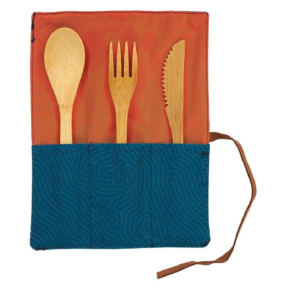 Lot de 3 couverts en bambou dans pochette en tissu bleu et orange