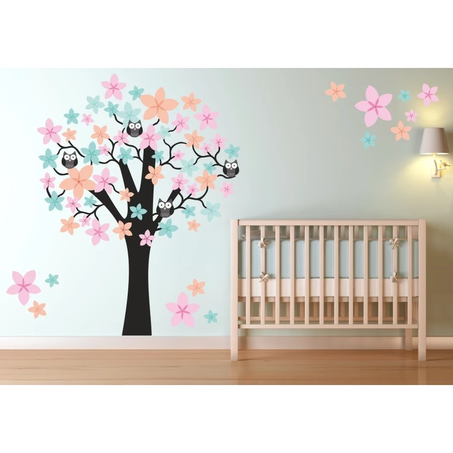 Nikima Wandtattoo 062 Wandtattoo Baum mit Eulen – rosa blau orange bunt