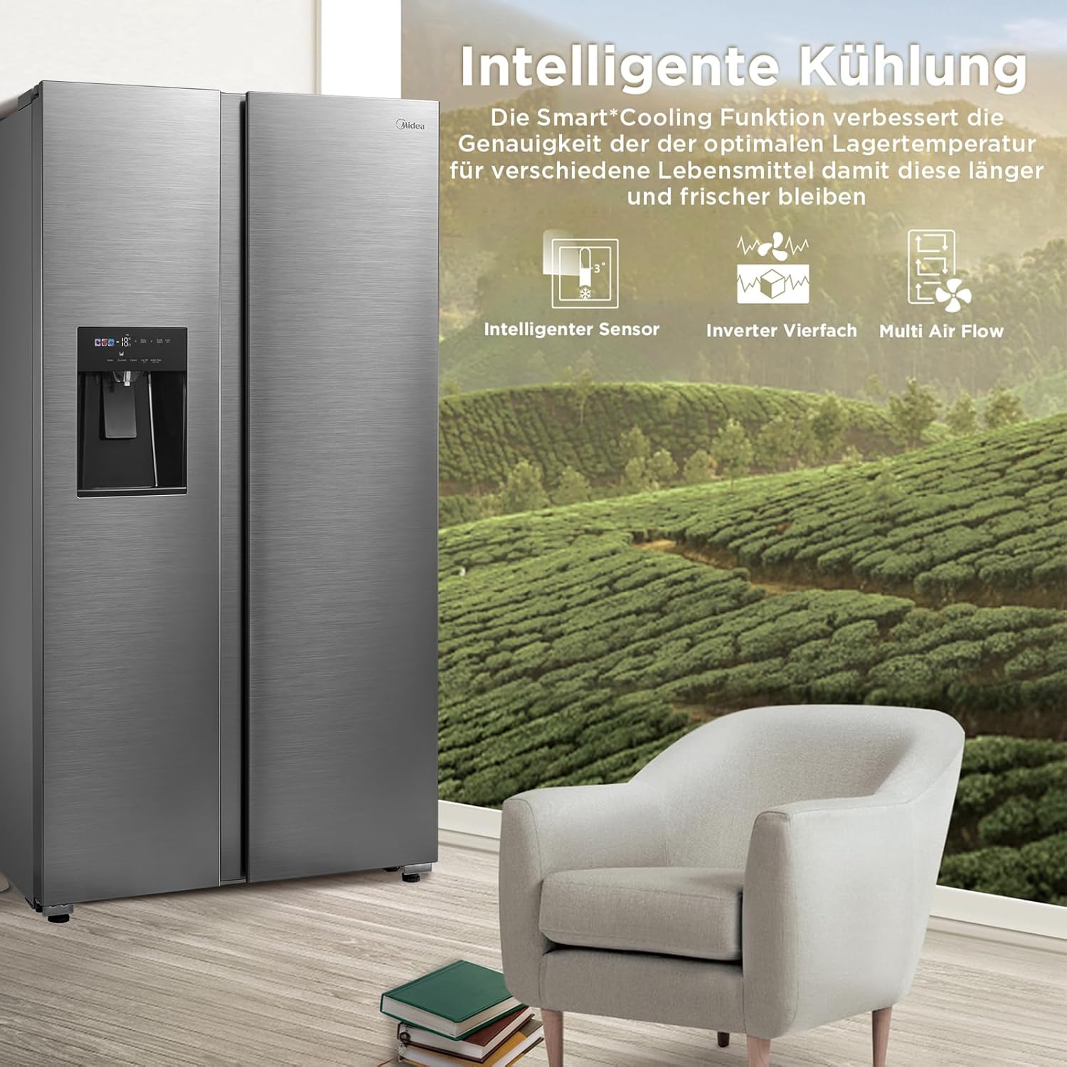 Midea MDRS761MYC46 Side-by-Side Kühl-/Gefrierkombination/No Frost/3in1 Wasser-/Eisspender und Wassertank/Dual Inverter Compressor/179,3 cm Höhe/573L Gesamtvolumen/208 kWh/Jahr/Rostfreier Stahl