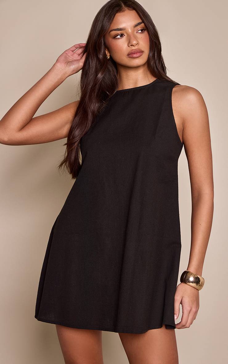 Noir Robe Droite Sans Manches À Col Bateau Aspect Lin