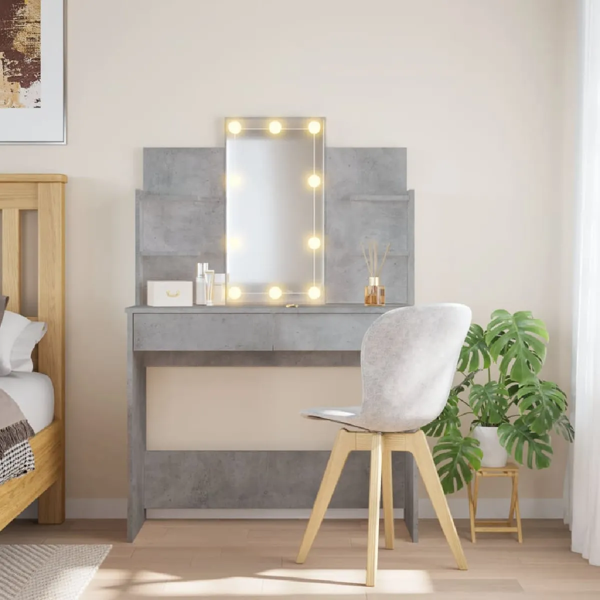 vidaXL Coiffeuse LED avec miroir - Gris béton