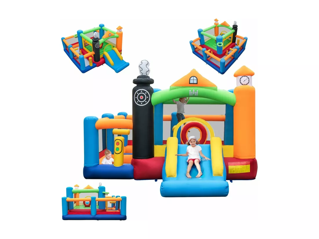 5 en 1 Château Gonflable avec Toboggan, Aire de Jeux Gonflable avec Thème de Train, 3 Fosses à Balles, Panier de Basketball, 50 Balles Colorées (sans souffleur)