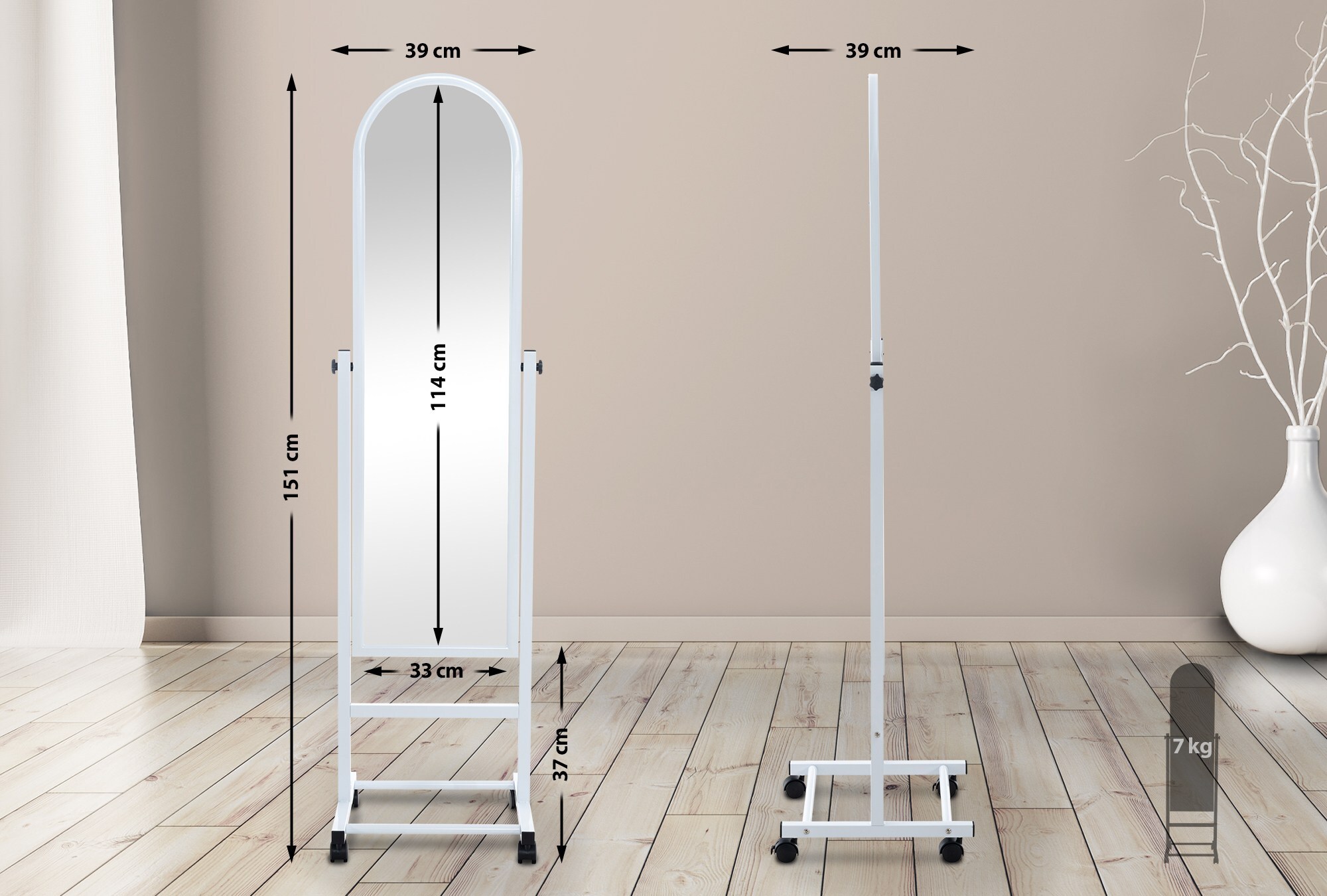 CLP Standspiegel Evoir mit Laufrollen I Stehspiegel 151x39 cm I Wohnzimmer Und Schlafzimmer I Neigbar, 360° Drehbar I Spiegel Mit Rollen