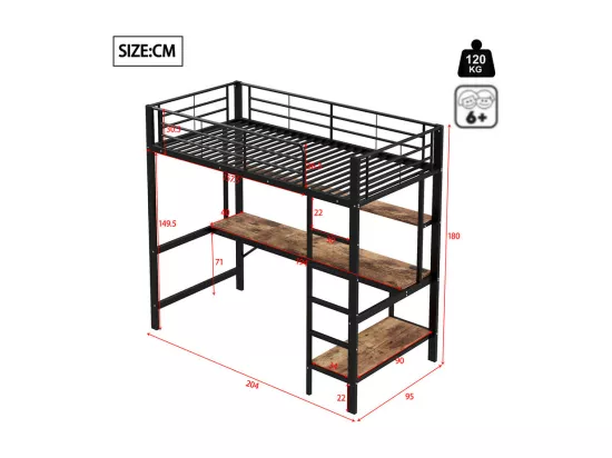 Lit mezzanine 90x200 cm - avec barrières - avec échelle - avec USB et prises - avec lumière LED - avec bureau + étagères à plusieurs niveaux - noir (sans matelas)
