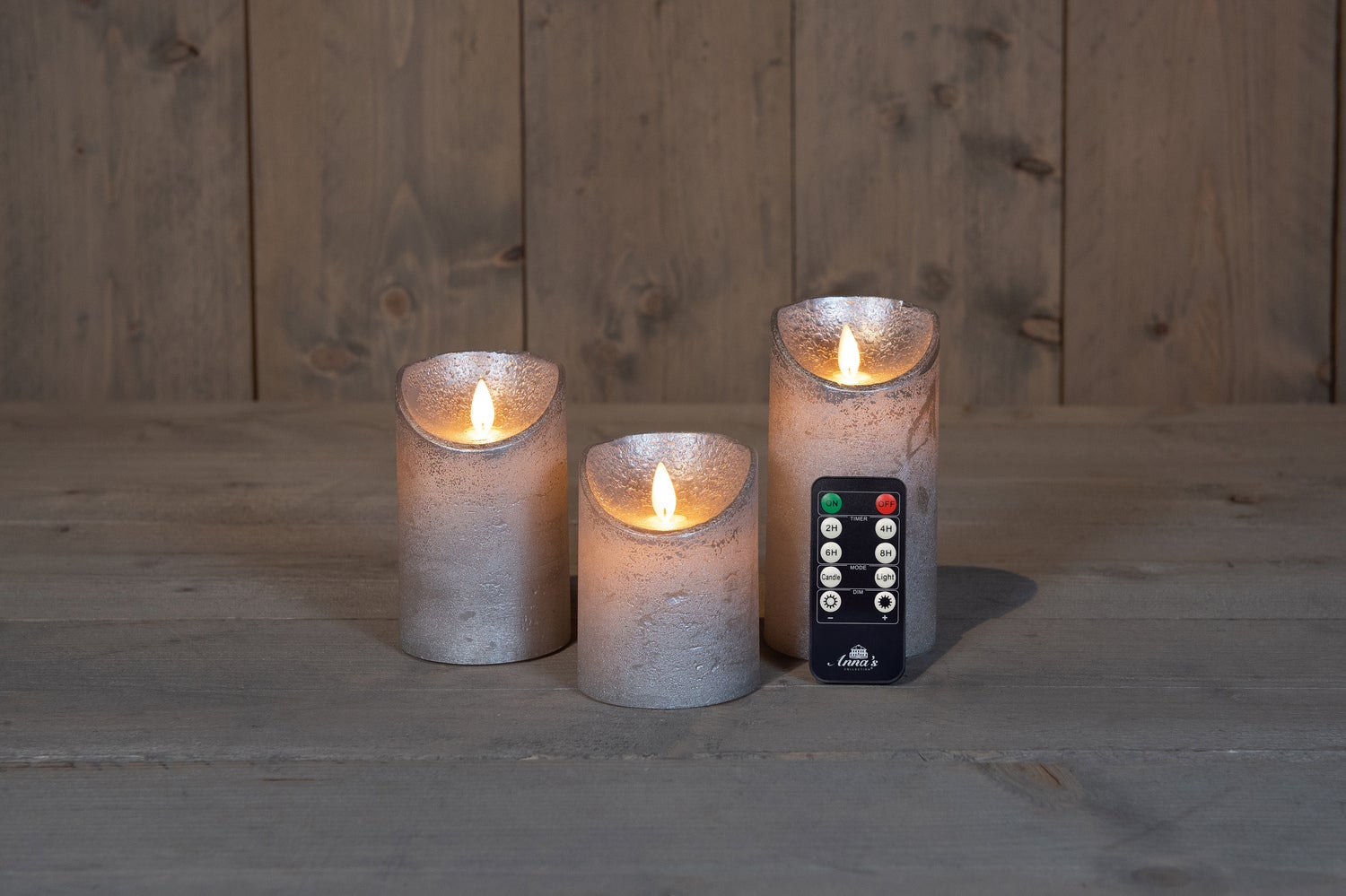 Anna's Collection LED stompkaars Rustiek zilver D 7,5 H 10 / 12,5 / 15 cm 3 stuks