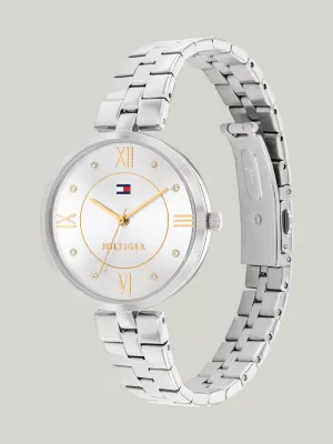Relógio com mostrador branco prateado e pulseira de aço inoxidável