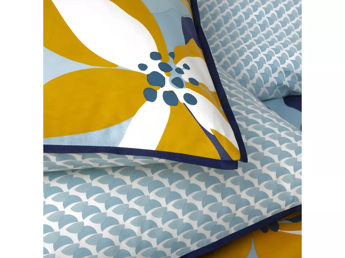 Parure de lit 2 personnes en percale 70 fils imprimé bleu 260x240cm