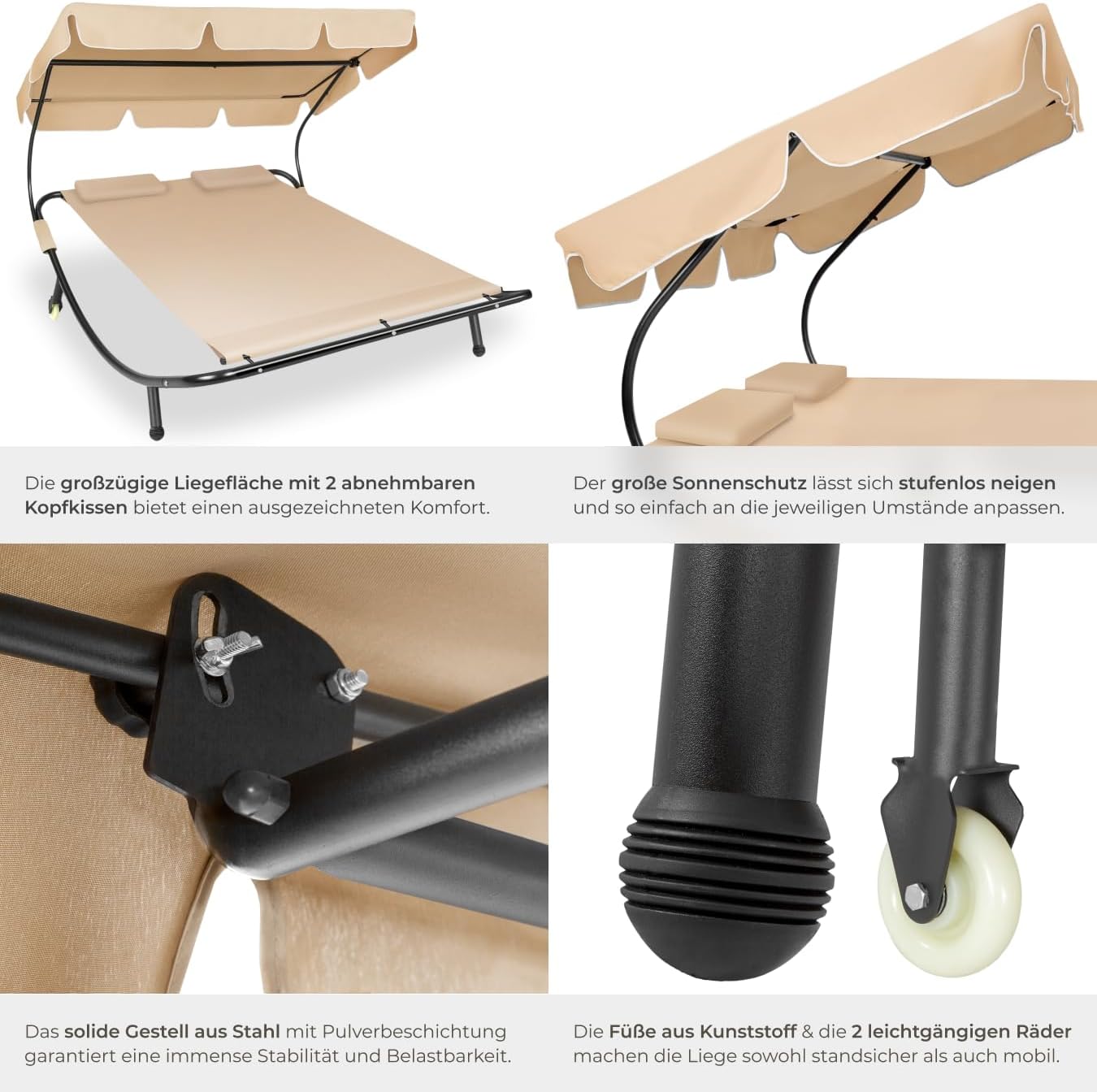 tectake Sonnenliege, Doppelliege, Outdoor Liege für 2 Personen, Gartenliege mit Sonnendach, Relaxliege, Sonnenliege mit Dach, inkl. 2 Kissen, ideal für Garten oder Balkon - schwarz/beige