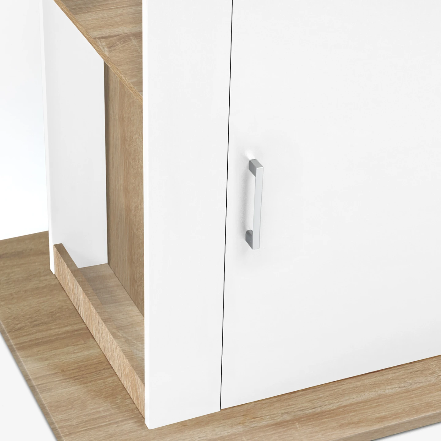 Ilot central UGO 110 cm bois blanc et imitation hêtre avec rangements