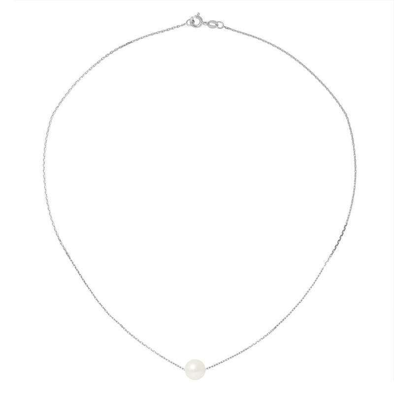 Collier Ras du Cou Femme Chaine Forcat Or blanc 750/1000 et Perle de Culture Blanche