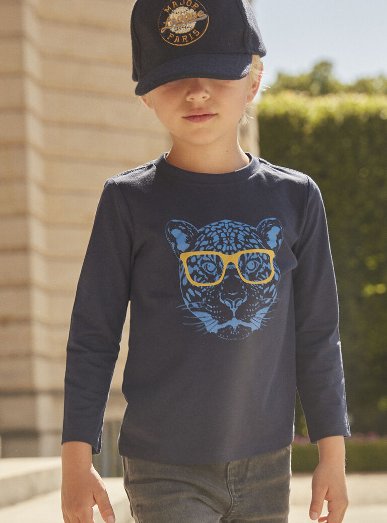 T-shirt bleu marine à motif tête de tigre