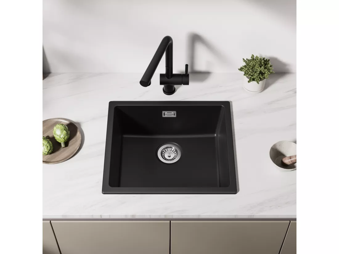 CECIPA MAX Evier 1 Bac en Quartz et Résine Noir Gris 50*44*20cm + Mitigeur avec Douchette Extractible 2 Modes de Sortie D'eau