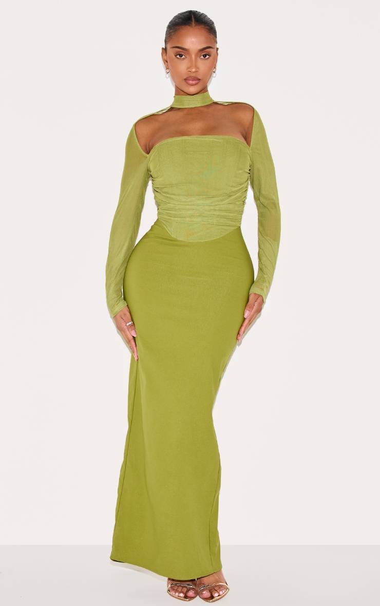 Vert Robe Longue Moulante En Résille À Manches Longues Avec Corset Froncé