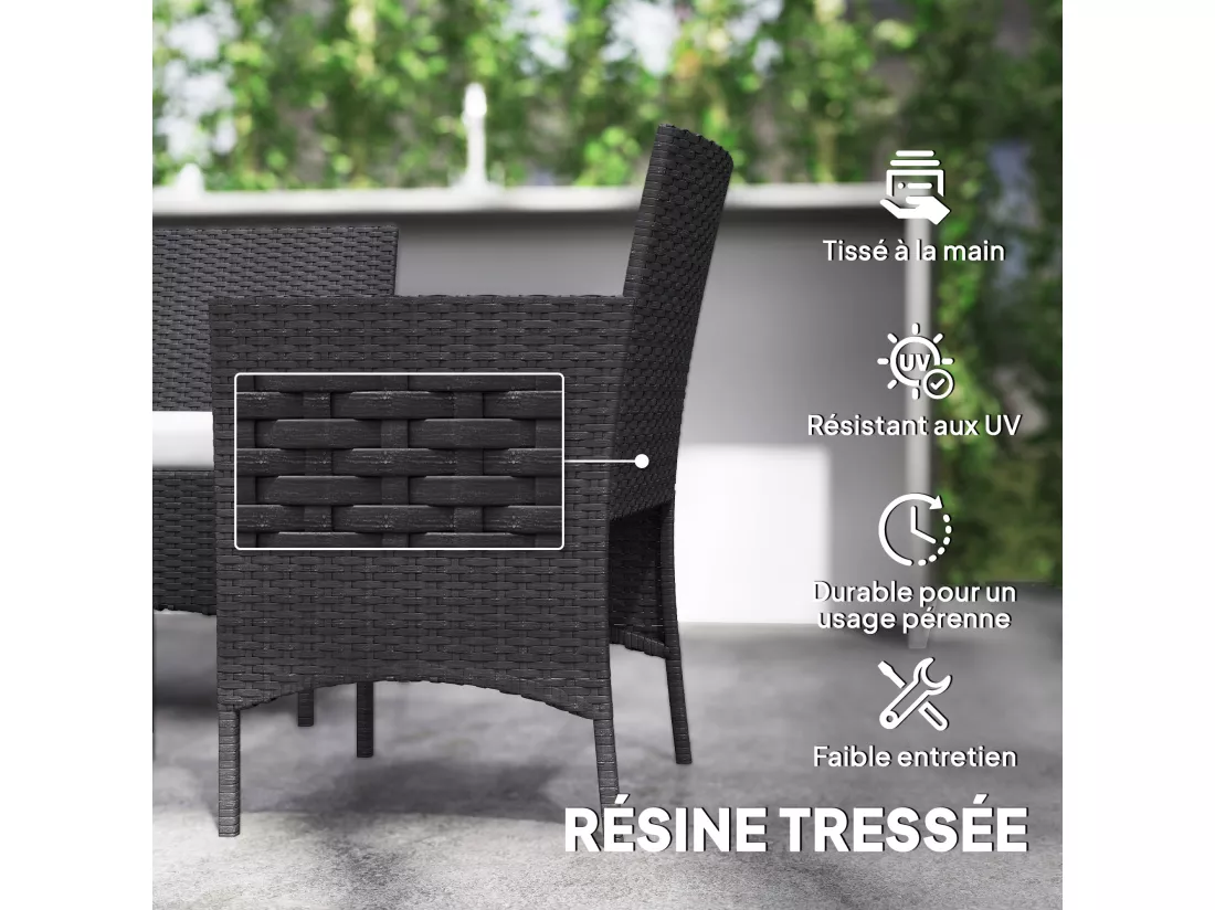 Ensemble salon de jardin 4 personnes 4 pièces résine tressée plateau verre trempé noir gris