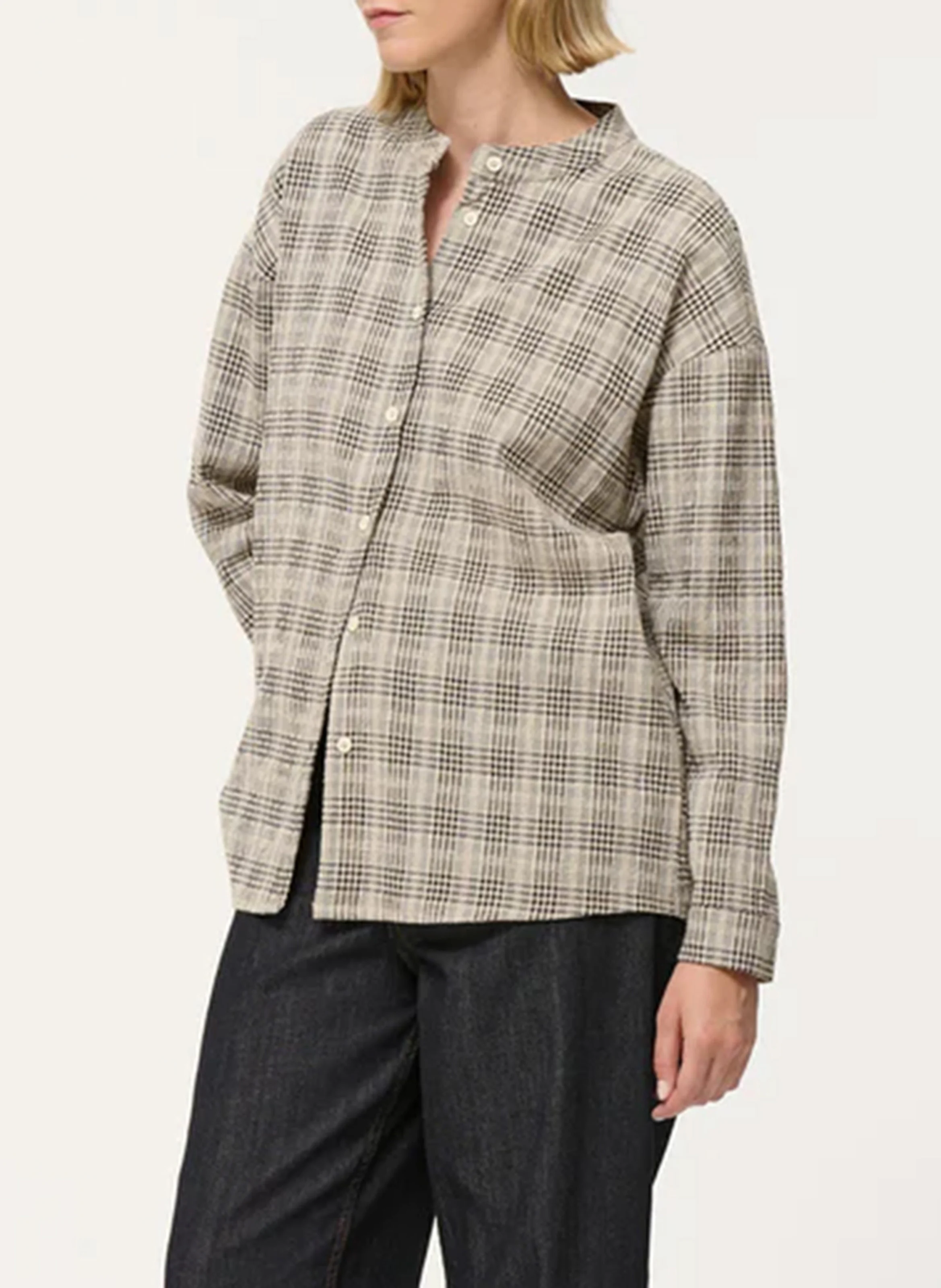Chemise col mao à carreaux en coton| Gris